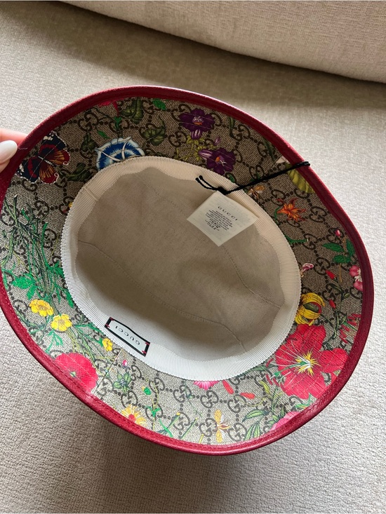 New Gucci GG Canvas Floral Bucket Hat - Red leather Trim main image 11